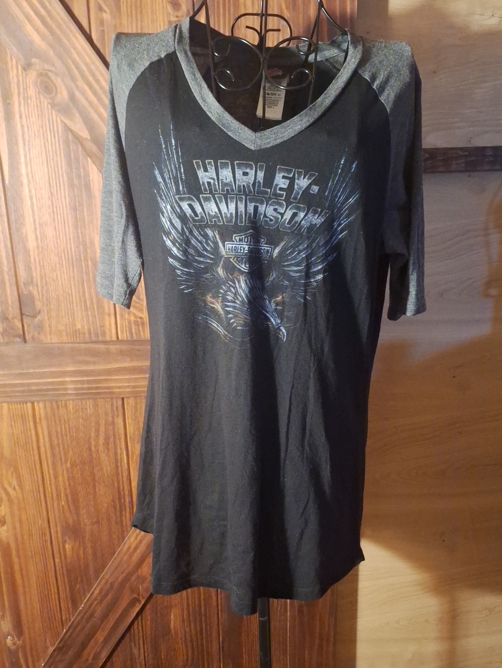Harley-Davidson Black and Gray V‑Neck Raglan Tee with Eagle Graphic